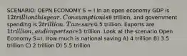 SCENARIO: OEPN ECONOMY S = I In an open economy GDP is 12 trillion this year. Consumption is8 trillion, and government spending is 2 trillion. Taxes are0.5 trillion. Exports are 1 trillion, and imports are3 trillion. Look at the scenario Open Economy S=I. How much is national saving A) 4 trillion B) 3.5 trillion C) 2 trillion D) 5.5 trillion