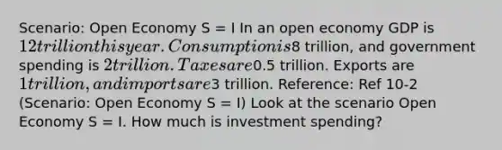 Scenario: Open Economy S = I In an open economy GDP is 12 trillion this year. Consumption is8 trillion, and government spending is 2 trillion. Taxes are0.5 trillion. Exports are 1 trillion, and imports are3 trillion. Reference: Ref 10-2 (Scenario: Open Economy S = I) Look at the scenario Open Economy S = I. How much is investment spending?