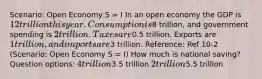 Scenario: Open Economy S = I In an open economy the GDP is 12 trillion this year. Consumption is8 trillion, and government spending is 2 trillion. Taxes are0.5 trillion. Exports are 1 trillion, and imports are3 trillion. Reference: Ref 10-2 (Scenario: Open Economy S = I) How much is national saving? Question options: 4 trillion3.5 trillion 2 trillion5.5 trillion