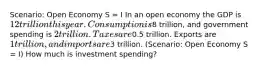 Scenario: Open Economy S = I In an open economy the GDP is 12 trillion this year. Consumption is8 trillion, and government spending is 2 trillion. Taxes are0.5 trillion. Exports are 1 trillion, and imports are3 trillion. (Scenario: Open Economy S = I) How much is investment spending?