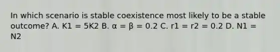 In which scenario is stable coexistence most likely to be a stable outcome? A. K1 = 5K2 B. α = β = 0.2 C. r1 = r2 = 0.2 D. N1 = N2