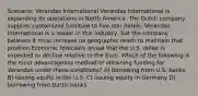 Scenario: Verandas International Verandas International is expanding its operations in North America. The Dutch company supplies customized furniture to five-star hotels. Verandas International is a leader in this industry, but the company believes it must increase its geographic reach to maintain that position.Economic forecasts reveal that the U.S. dollar is expected to decline relative to the Euro. Which of the following is the most advantageous method of obtaining funding for Verandas under these conditions? A) borrowing from U.S. banks B) issuing equity in the U.S. C) issuing equity in Germany D) borrowing from Dutch banks