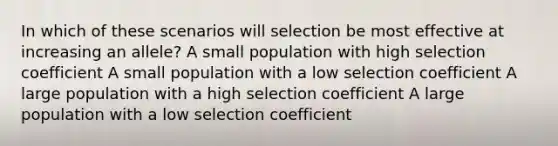 In which of these scenarios will selection be most effective at increasing an allele? A small population with high selection coefficient A small population with a low selection coefficient A large population with a high selection coefficient A large population with a low selection coefficient