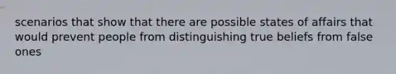 scenarios that show that there are possible states of affairs that would prevent people from distinguishing true beliefs from false ones