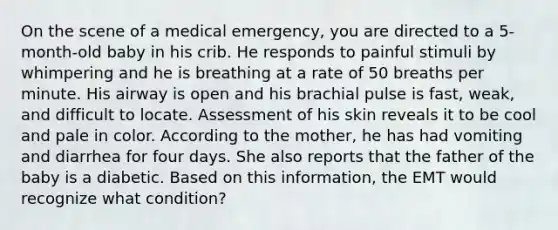 On the scene of a medical emergency, you are directed to a 5-month-old baby in his crib. He responds to painful stimuli by whimpering and he is breathing at a rate of 50 breaths per minute. His airway is open and his brachial pulse is fast, weak, and difficult to locate. Assessment of his skin reveals it to be cool and pale in color. According to the mother, he has had vomiting and diarrhea for four days. She also reports that the father of the baby is a diabetic. Based on this information, the EMT would recognize what condition?