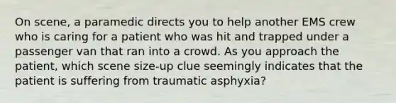 On​ scene, a paramedic directs you to help another EMS crew who is caring for a patient who was hit and trapped under a passenger van that ran into a crowd. As you approach the​ patient, which scene​ size-up clue seemingly indicates that the patient is suffering from traumatic​ asphyxia?