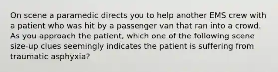 On scene a paramedic directs you to help another EMS crew with a patient who was hit by a passenger van that ran into a crowd. As you approach the patient, which one of the following scene size-up clues seemingly indicates the patient is suffering from traumatic asphyxia?