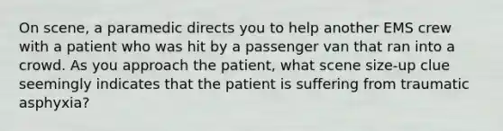 On​ scene, a paramedic directs you to help another EMS crew with a patient who was hit by a passenger van that ran into a crowd. As you approach the​ patient, what scene​ size-up clue seemingly indicates that the patient is suffering from traumatic​ asphyxia?