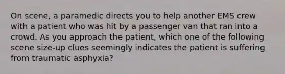 On scene, a paramedic directs you to help another EMS crew with a patient who was hit by a passenger van that ran into a crowd. As you approach the patient, which one of the following scene size-up clues seemingly indicates the patient is suffering from traumatic asphyxia?