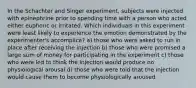 In the Schachter and Singer experiment, subjects were injected with epinephrine prior to spending time with a person who acted either euphoric or irritated. Which individuals in this experiment were least likely to experience the emotion demonstrated by the experimenter's accomplice? a) those who were asked to run in place after receiving the injection b) those who were promised a large sum of money for participating in the experiment c) those who were led to think the injection would produce no physiological arousal d) those who were told that the injection would cause them to become physiologically aroused