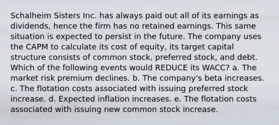 Schalheim Sisters Inc. has always paid out all of its earnings as dividends, hence the firm has no retained earnings. This same situation is expected to persist in the future. The company uses the CAPM to calculate its cost of equity, its target capital structure consists of common stock, preferred stock, and debt. Which of the following events would REDUCE its WACC? a. The market risk premium declines. b. The company's beta increases. c. The flotation costs associated with issuing preferred stock increase. d. Expected inflation increases. e. The flotation costs associated with issuing new common stock increase.