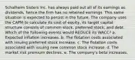 Schalheim Sisters Inc. has always paid out all of its earnings as dividends, hence the firm has no retained earnings. This same situation is expected to persist in the future. The company uses the CAPM to calculate its cost of equity, its target capital structure consists of common stock, preferred stock, and debt. Which of the following events would REDUCE its WACC? a. Expected inflation increases. b. The flotation costs associated with issuing preferred stock increase. c. The flotation costs associated with issuing new common stock increase. d. The market risk premium declines. e. The company's beta increases.