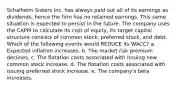 Schalheim Sisters Inc. has always paid out all of its earnings as dividends, hence the firm has no retained earnings. This same situation is expected to persist in the future. The company uses the CAPM to calculate its cost of equity, its target capital structure consists of common stock, preferred stock, and debt. Which of the following events would REDUCE its WACC? a. Expected inflation increases. b. The market risk premium declines. c. The flotation costs associated with issuing new common stock increase. d. The flotation costs associated with issuing preferred stock increase. e. The company's beta increases.