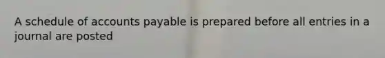 A schedule of <a href='https://www.questionai.com/knowledge/kWc3IVgYEK-accounts-payable' class='anchor-knowledge'>accounts payable</a> is prepared before all entries in a journal are posted