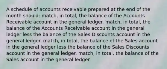 A schedule of accounts receivable prepared at the end of the month should: match, in total, the balance of the Accounts Receivable account in <a href='https://www.questionai.com/knowledge/kdxbifuCZE-the-general-ledger' class='anchor-knowledge'>the general ledger</a>. match, in total, the balance of the Accounts Receivable account in the general ledger less the balance of the <a href='https://www.questionai.com/knowledge/kUgZVsLhgj-sales-discounts' class='anchor-knowledge'>sales discounts</a> account in the general ledger. match, in total, the balance of the Sales account in the general ledger less the balance of the Sales Discounts account in the general ledger. match, in total, the balance of the Sales account in the general ledger.