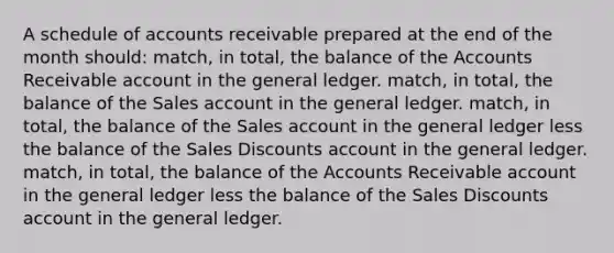 A schedule of accounts receivable prepared at the end of the month should: match, in total, the balance of the Accounts Receivable account in the general ledger. match, in total, the balance of the Sales account in the general ledger. match, in total, the balance of the Sales account in the general ledger less the balance of the Sales Discounts account in the general ledger. match, in total, the balance of the Accounts Receivable account in the general ledger less the balance of the Sales Discounts account in the general ledger.