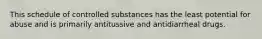 This schedule of controlled substances has the least potential for abuse and is primarily antitussive and antidiarrheal drugs.