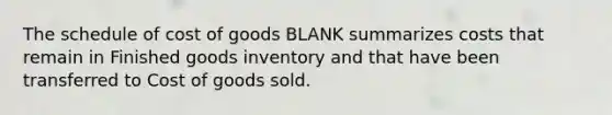 The schedule of cost of goods BLANK summarizes costs that remain in Finished goods inventory and that have been transferred to Cost of goods sold.