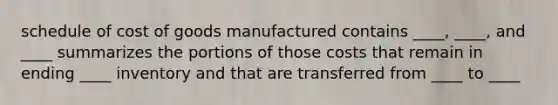 schedule of cost of goods manufactured contains ____, ____, and ____ summarizes the portions of those costs that remain in ending ____ inventory and that are transferred from ____ to ____