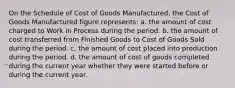 On the Schedule of Cost of Goods Manufactured, the Cost of Goods Manufactured figure represents: a. the amount of cost charged to Work in Process during the period. b. the amount of cost transferred from Finished Goods to Cost of Goods Sold during the period. c. the amount of cost placed into production during the period. d. the amount of cost of goods completed during the current year whether they were started before or during the current year.