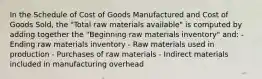 In the Schedule of Cost of Goods Manufactured and Cost of Goods Sold, the "Total raw materials available" is computed by adding together the "Beginning raw materials inventory" and: - Ending raw materials inventory - Raw materials used in production - Purchases of raw materials - Indirect materials included in manufacturing overhead