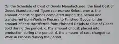 On the Schedule of Cost of Goods Manufactured, the final Cost of Goods Manufactured figure represents: Select one: a. the amount of cost of goods completed during the period and transferred from Work in Process to Finished Goods. b. the amount of cost transferred from Finished Goods to Cost of Goods Sold during the period. c. the amount of cost placed into production during the period. d. the amount of cost charged to Work in Process during the period.