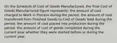 On the Schedule of Cost of Goods Manufactured, the final Cost of Goods Manufactured figure represents: the amount of cost charged to Work in Process during the period. the amount of cost transferred from Finished Goods to Cost of Goods Sold during the period. the amount of cost placed into production during the period. the amount of cost of goods completed during the current year whether they were started before or during the current year.