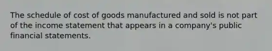 The schedule of cost of goods manufactured and sold is not part of the income statement that appears in a company's public financial statements.