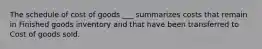The schedule of cost of goods ___ summarizes costs that remain in Finished goods inventory and that have been transferred to Cost of goods sold.