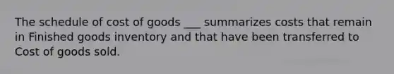 The schedule of cost of goods ___ summarizes costs that remain in Finished goods inventory and that have been transferred to Cost of goods sold.