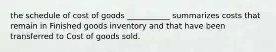 the schedule of cost of goods ___________ summarizes costs that remain in Finished goods inventory and that have been transferred to Cost of goods sold.