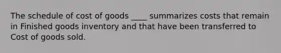 The schedule of cost of goods ____ summarizes costs that remain in Finished goods inventory and that have been transferred to Cost of goods sold.