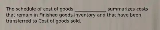 The schedule of cost of goods ______________ summarizes costs that remain in Finished goods inventory and that have been transferred to Cost of goods sold.