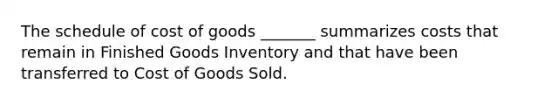 The schedule of cost of goods _______ summarizes costs that remain in Finished Goods Inventory and that have been transferred to Cost of Goods Sold.