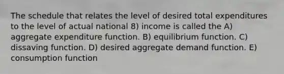 The schedule that relates the level of desired total expenditures to the level of actual national 8) income is called the A) aggregate expenditure function. B) equilibrium function. C) dissaving function. D) desired aggregate demand function. E) consumption function