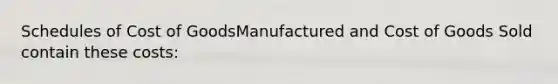 Schedules of Cost of GoodsManufactured and Cost of Goods Sold contain these costs: