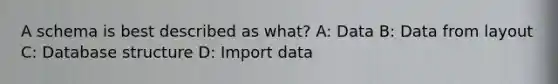 A schema is best described as what? A: Data B: Data from layout C: Database structure D: Import data