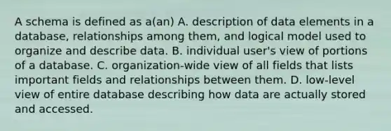 A schema is defined as a(an) A. description of data elements in a database, relationships among them, and logical model used to organize and describe data. B. individual user's view of portions of a database. C. organization-wide view of all fields that lists important fields and relationships between them. D. low-level view of entire database describing how data are actually stored and accessed.