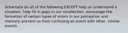 Schemata do all of the following EXCEPT help us understand a situation. help fill in gaps in our recollection. encourage the formation of certain types of errors in our perception and memory. prevent us from confusing an event with other, similar events.