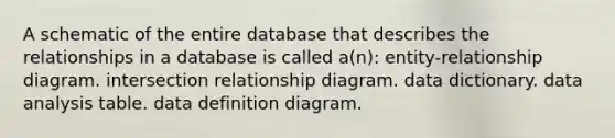 A schematic of the entire database that describes the relationships in a database is called a(n): entity-relationship diagram. intersection relationship diagram. data dictionary. data analysis table. data definition diagram.