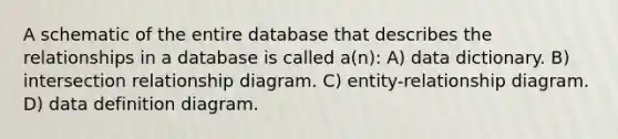 A schematic of the entire database that describes the relationships in a database is called a(n): A) data dictionary. B) intersection relationship diagram. C) entity-relationship diagram. D) data definition diagram.