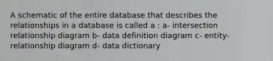 A schematic of the entire database that describes the relationships in a database is called a : a- intersection relationship diagram b- data definition diagram c- entity-relationship diagram d- data dictionary