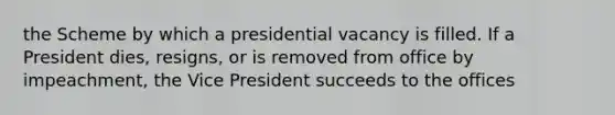 the Scheme by which a presidential vacancy is filled. If a President dies, resigns, or is removed from office by impeachment, the Vice President succeeds to the offices