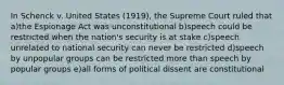 In Schenck v. United States (1919), the Supreme Court ruled that a)the Espionage Act was unconstitutional b)speech could be restricted when the nation's security is at stake c)speech unrelated to national security can never be restricted d)speech by unpopular groups can be restricted more than speech by popular groups e)all forms of political dissent are constitutional