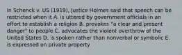 In Schenck v. US (1919), Justice Holmes said that speech can be restricted when it A. is uttered by government officials in an effort to establish a religion B. provokes "a clear and present danger" to people C. advocates the violent overthrow of the United States D. is spoken rather than nonverbal or symbolic E. is expressed on private property