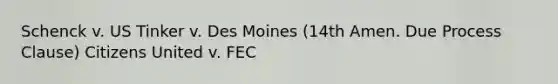 Schenck v. US Tinker v. Des Moines (14th Amen. Due Process Clause) Citizens United v. FEC