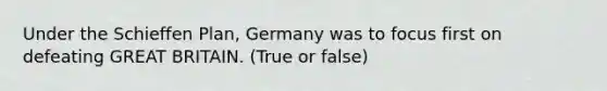 Under the Schieffen Plan, Germany was to focus first on defeating GREAT BRITAIN. (True or false)