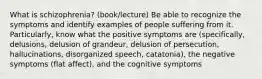 What is schizophrenia? (book/lecture) Be able to recognize the symptoms and identify examples of people suffering from it. Particularly, know what the positive symptoms are (specifically, delusions, delusion of grandeur, delusion of persecution, hallucinations, disorganized speech, catatonia), the negative symptoms (flat affect), and the cognitive symptoms