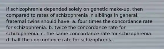 If schizophrenia depended solely on genetic make-up, then compared to rates of schizophrenia in siblings in general, fraternal twins should have: a. four times the concordance rate for schizophrenia. b. twice the concordance rate for schizophrenia. c. the same concordance rate for schizophrenia. d. half the concordance rate for schizophrenia.