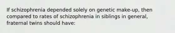 If schizophrenia depended solely on genetic make-up, then compared to rates of schizophrenia in siblings in general, fraternal twins should have: